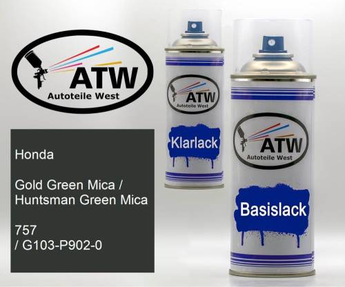 Honda, Gold Green Mica / Huntsman Green Mica, 757 / G103-P902-0: 400ml Sprühdose + 400ml Klarlack - Set, von ATW Autoteile West.